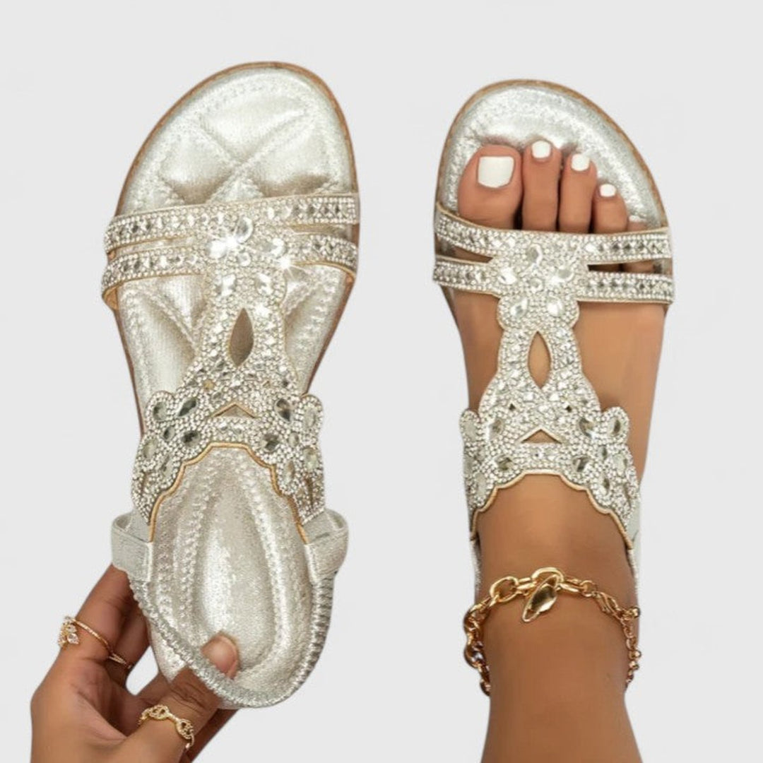Women's Rhinestone Embellished Orthopedic Flat Sandals - Silver