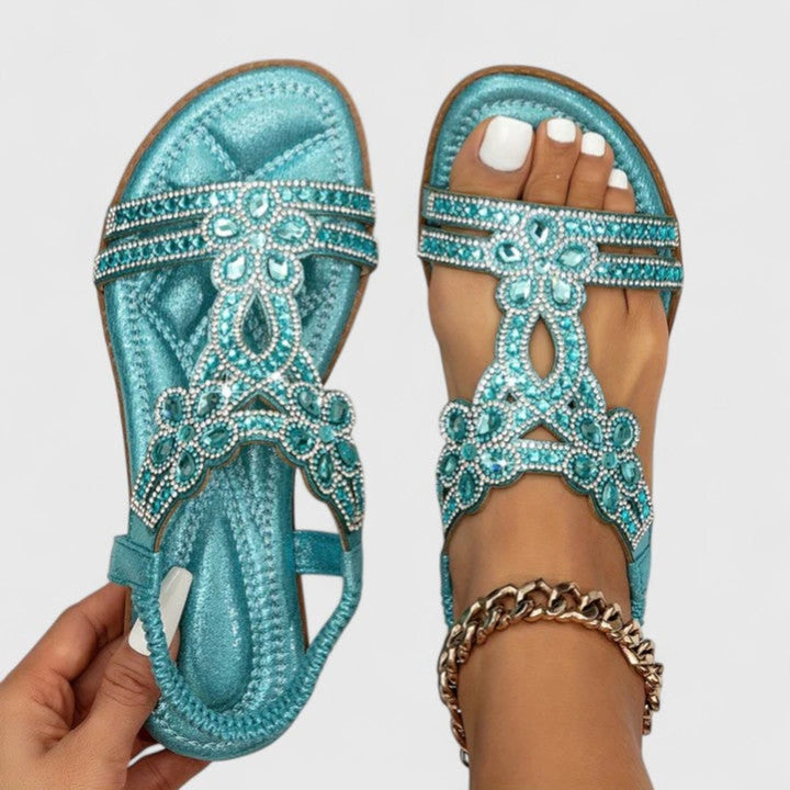 Women's Rhinestone Embellished Orthopedic Flat Sandals - Light Blue