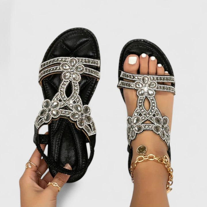 Women's Rhinestone Embellished Orthopedic Flat Sandals - Black