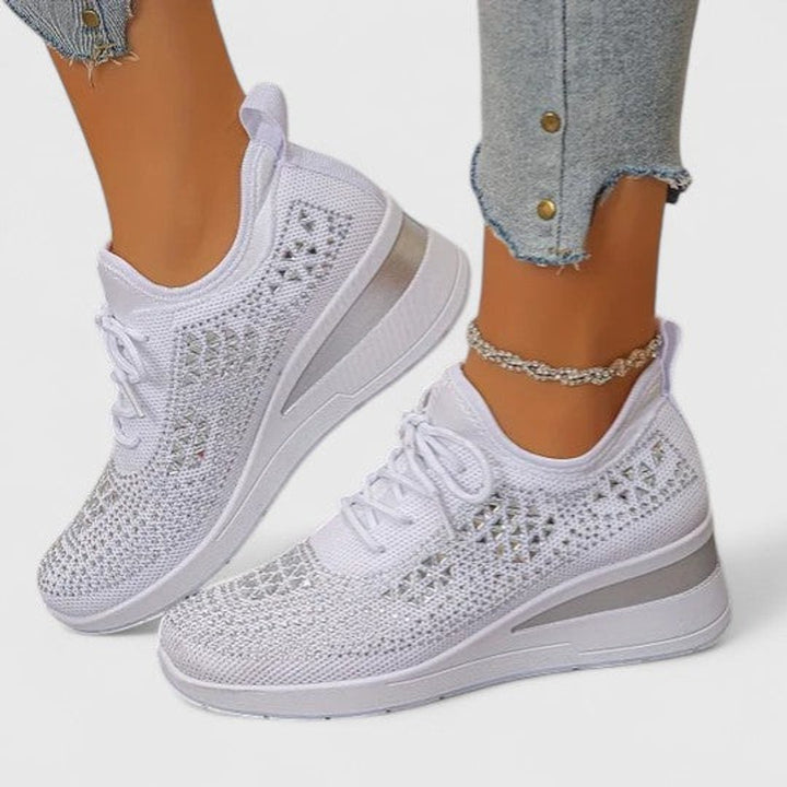 Women's Rhinestone Knit Wedge Lace-Up Sneakers - White