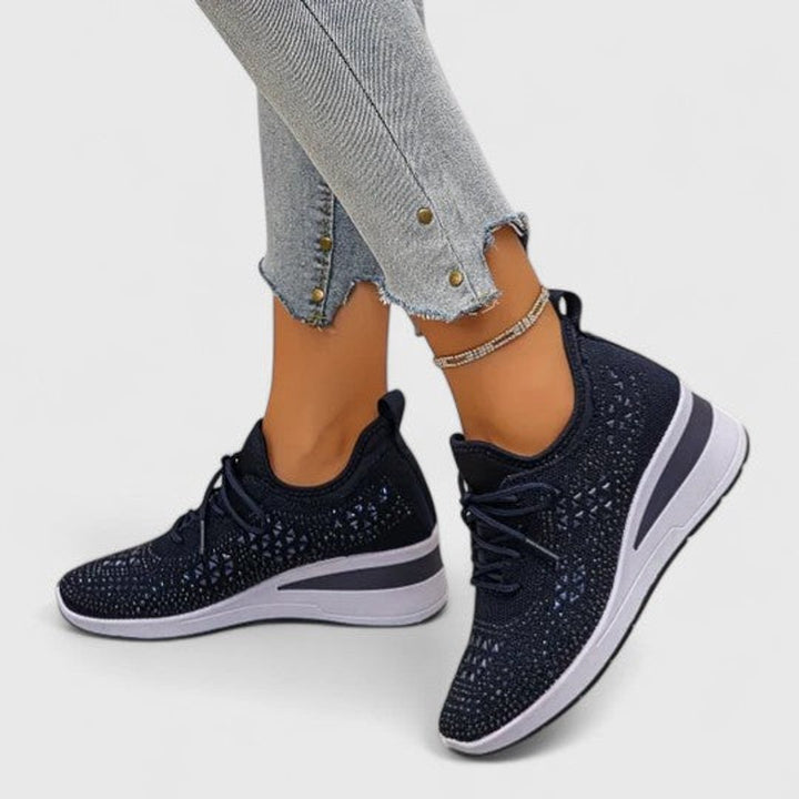 Women's Rhinestone Knit Wedge Lace-Up Sneakers - Dark Blue
