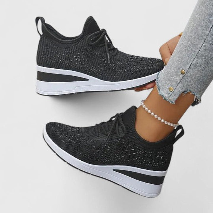Women's Rhinestone Knit Wedge Lace-Up Sneakers