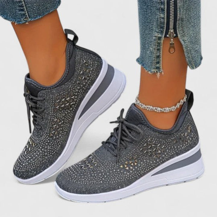 Women's Rhinestone Knit Wedge Lace-Up Sneakers - Gray
