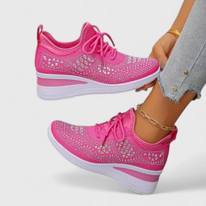 Women's Rhinestone Knit Wedge Lace-Up Sneakers