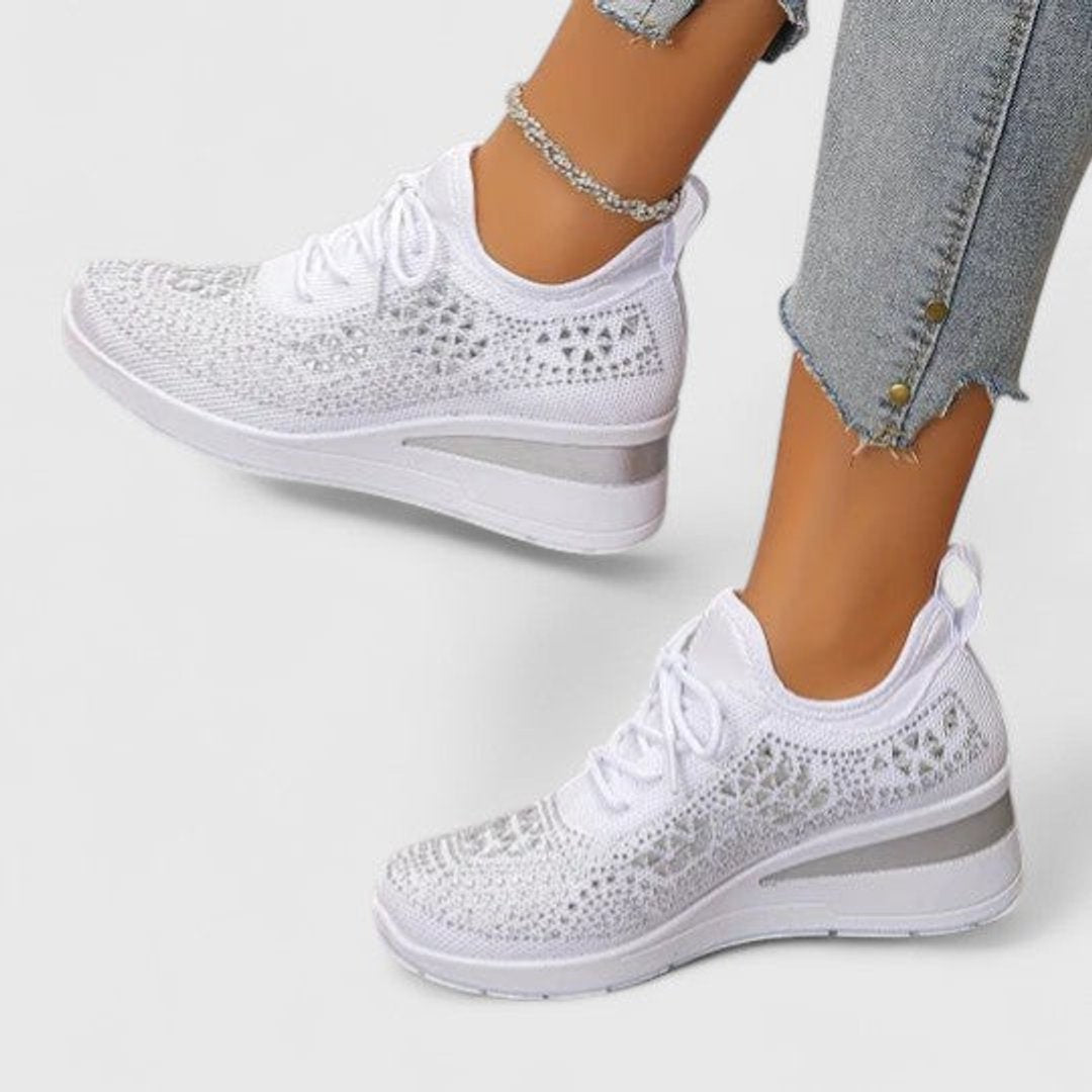 Women's Rhinestone Knit Wedge Lace-Up Sneakers