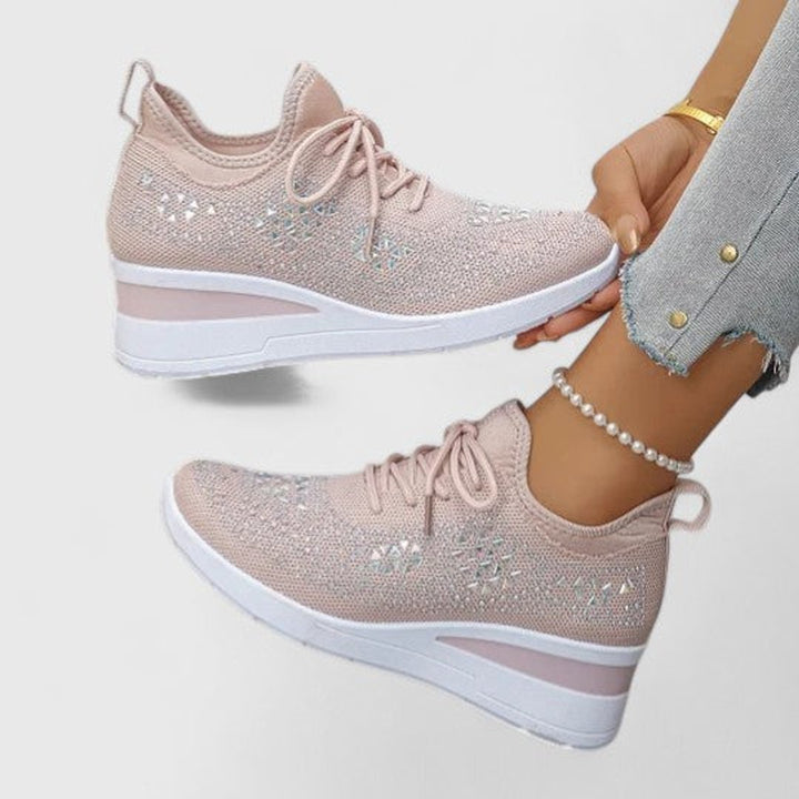 Women's Rhinestone Knit Wedge Lace-Up Sneakers