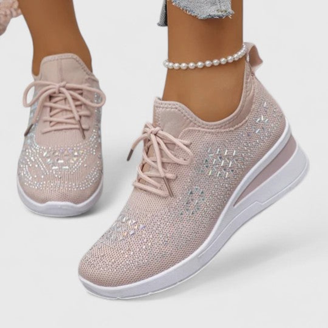 Women's Rhinestone Knit Wedge Lace-Up Sneakers