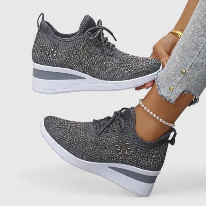 Women's Rhinestone Knit Wedge Lace-Up Sneakers