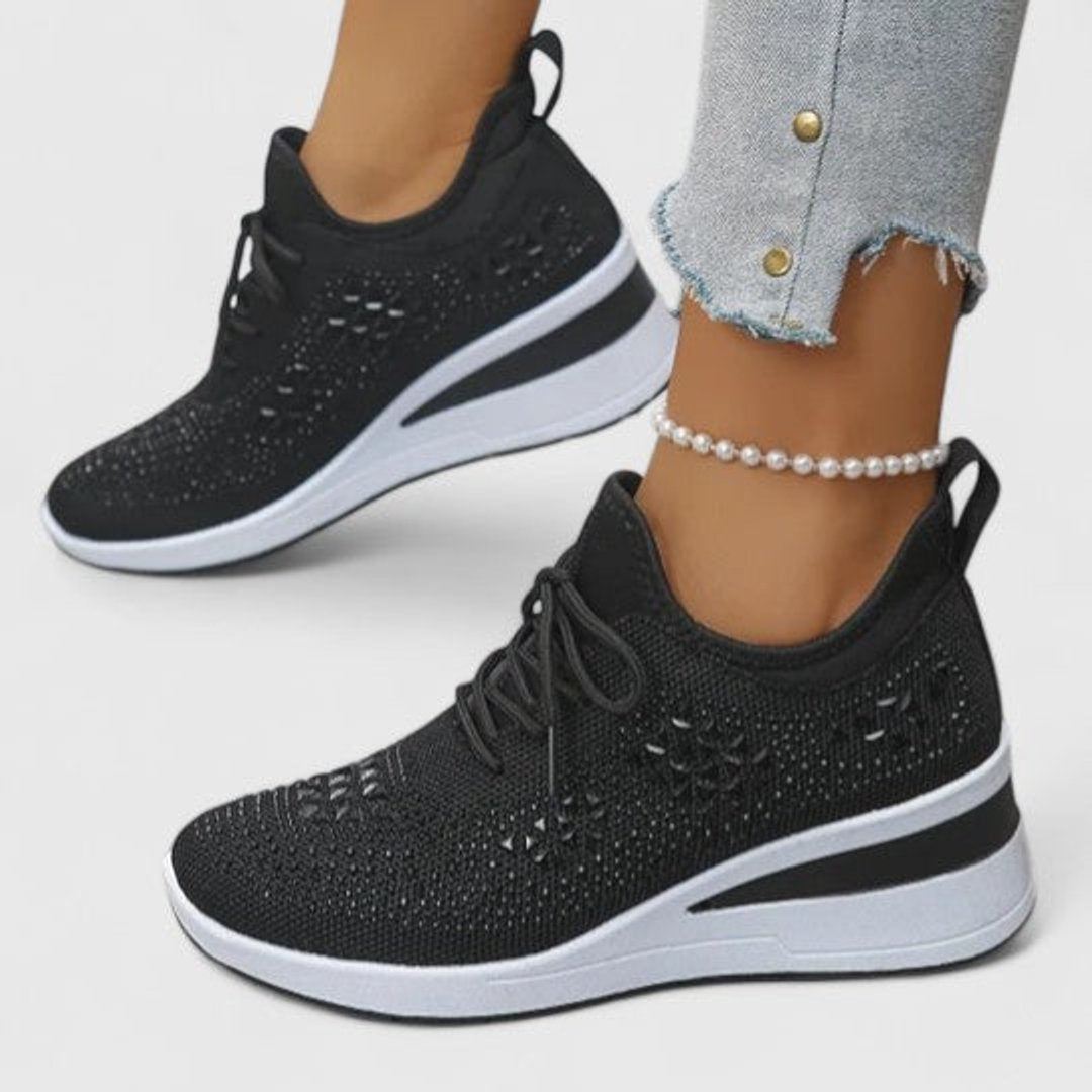 Women's Rhinestone Knit Wedge Lace-Up Sneakers
