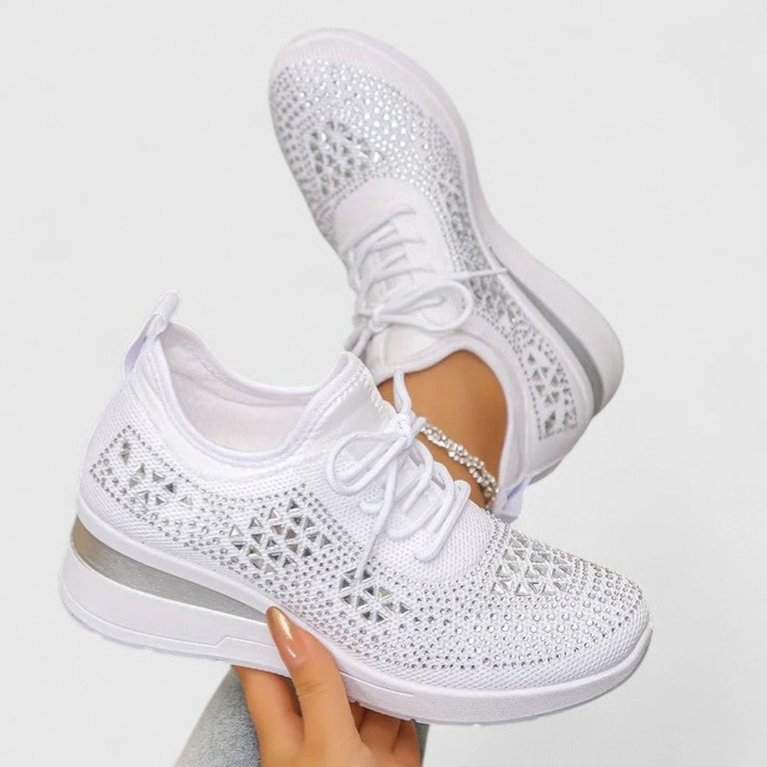 Women's Rhinestone Knit Wedge Lace-Up Sneakers