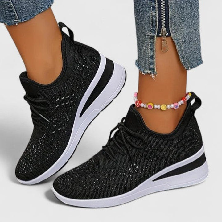 Women's Rhinestone Knit Wedge Lace-Up Sneakers - Black