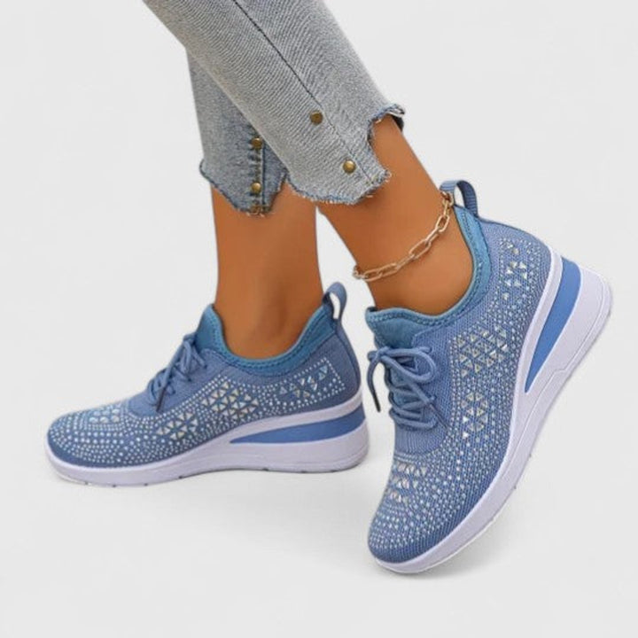 Women's Rhinestone Knit Wedge Lace-Up Sneakers - Light Blue