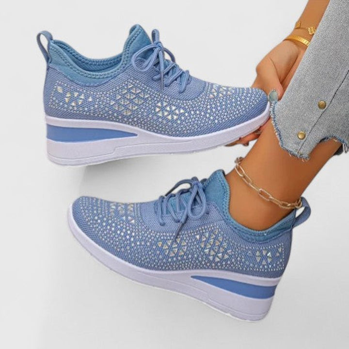 Women's Rhinestone Knit Wedge Lace-Up Sneakers