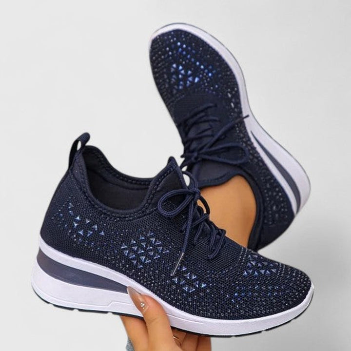 Women's Rhinestone Knit Wedge Lace-Up Sneakers