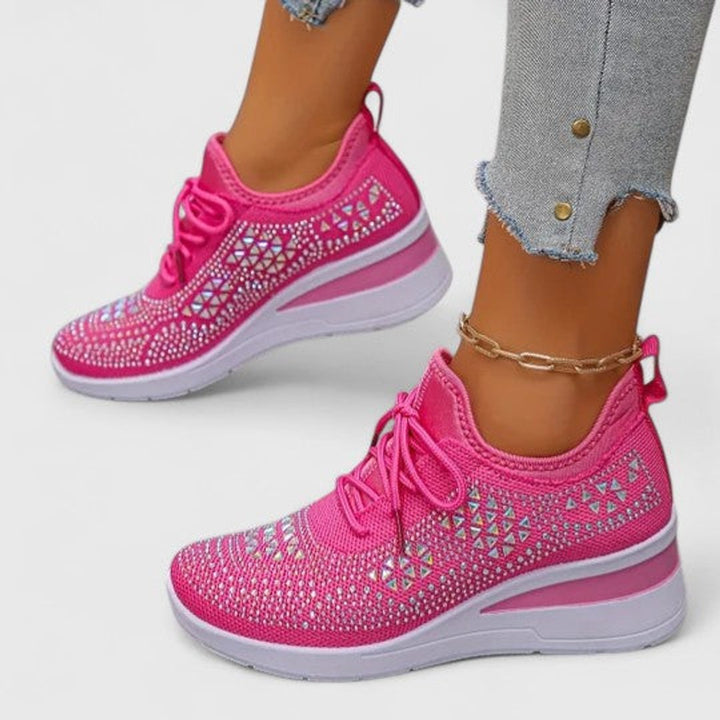 Women's Rhinestone Knit Wedge Lace-Up Sneakers