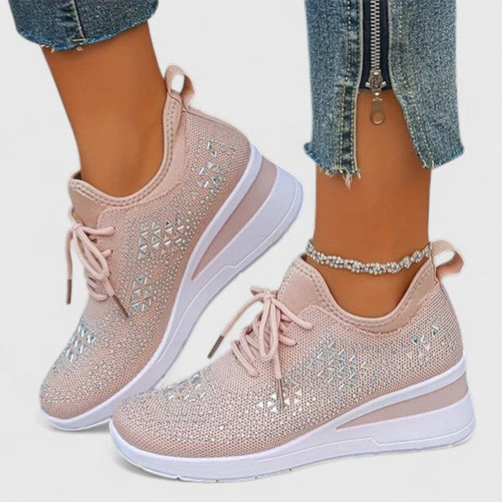 Women's Rhinestone Knit Wedge Lace-Up Sneakers