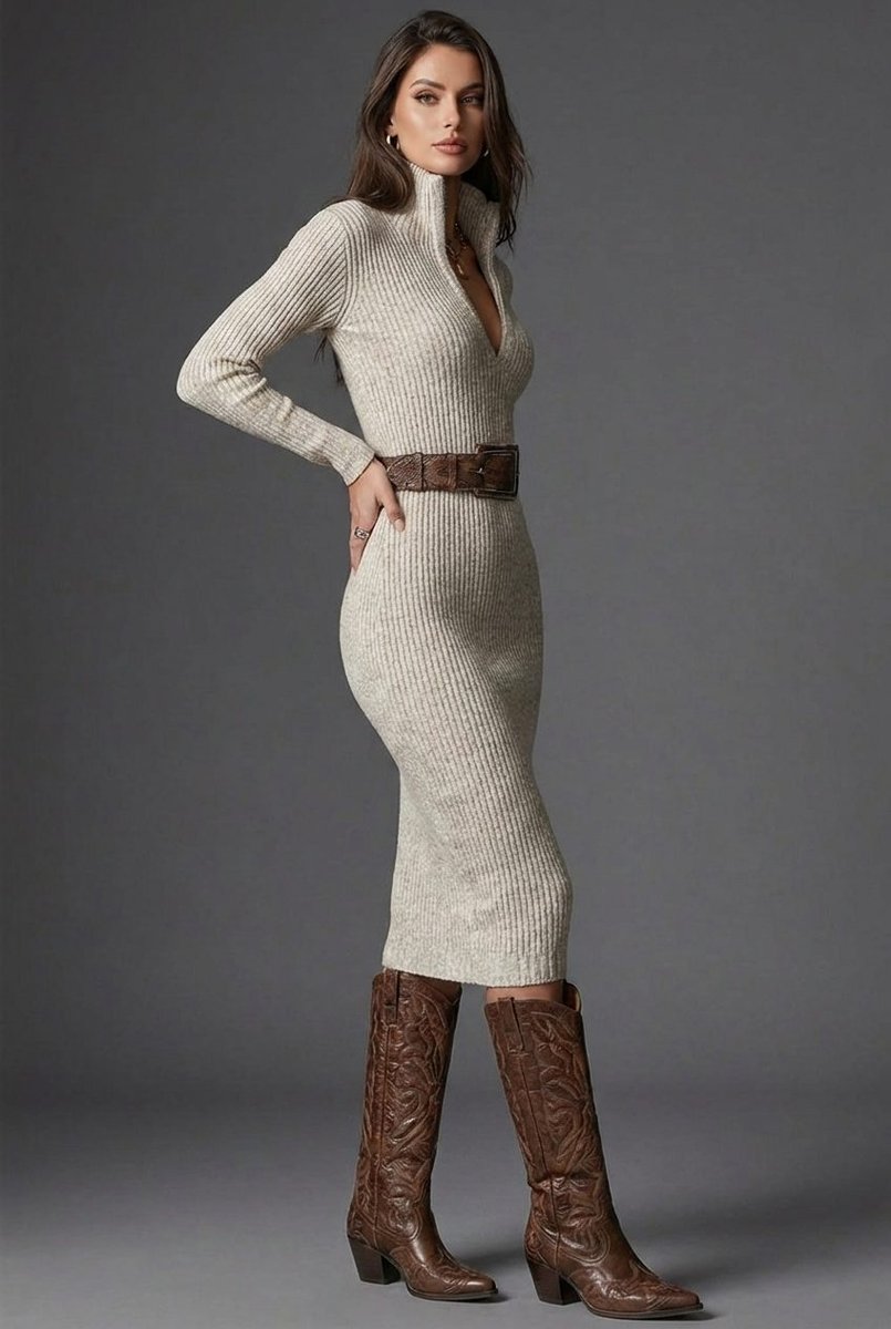 Women's Ribbed Knit Belted V-Neck Midi Formal Dress