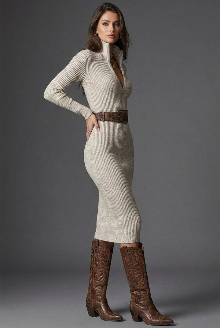 Women's Ribbed Knit Belted V-Neck Midi Formal Dress