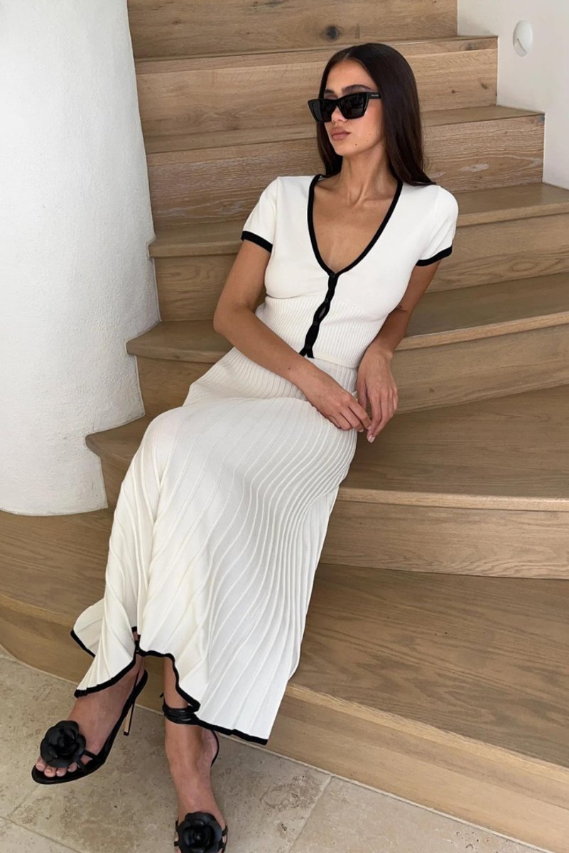 Women's Ribbed Knit Contrast-Trim Fall Wedding Guest Dress Midi Set