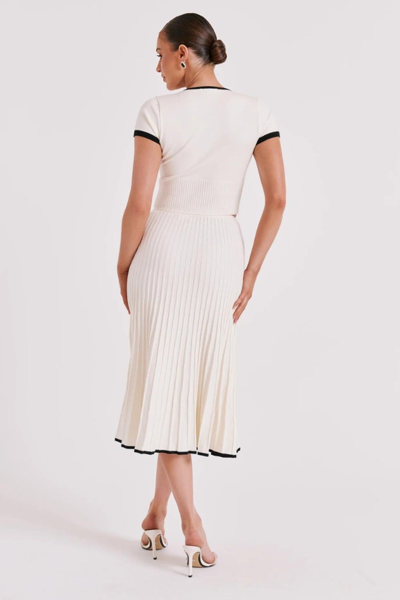 Women's Ribbed Knit Contrast-Trim Fall Wedding Guest Dress Midi Set