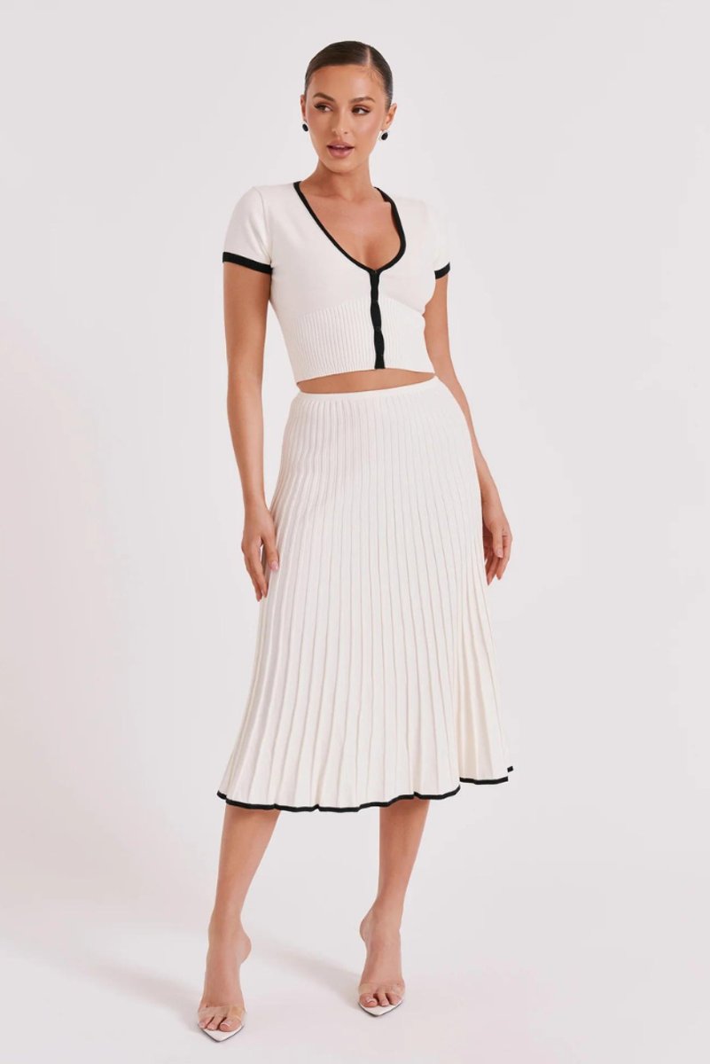 Women's Ribbed Knit Contrast-Trim Fall Wedding Guest Dress Midi Set