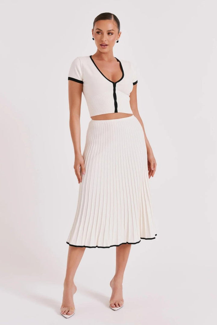 Women's Ribbed Knit Contrast-Trim Fall Wedding Guest Dress Midi Set
