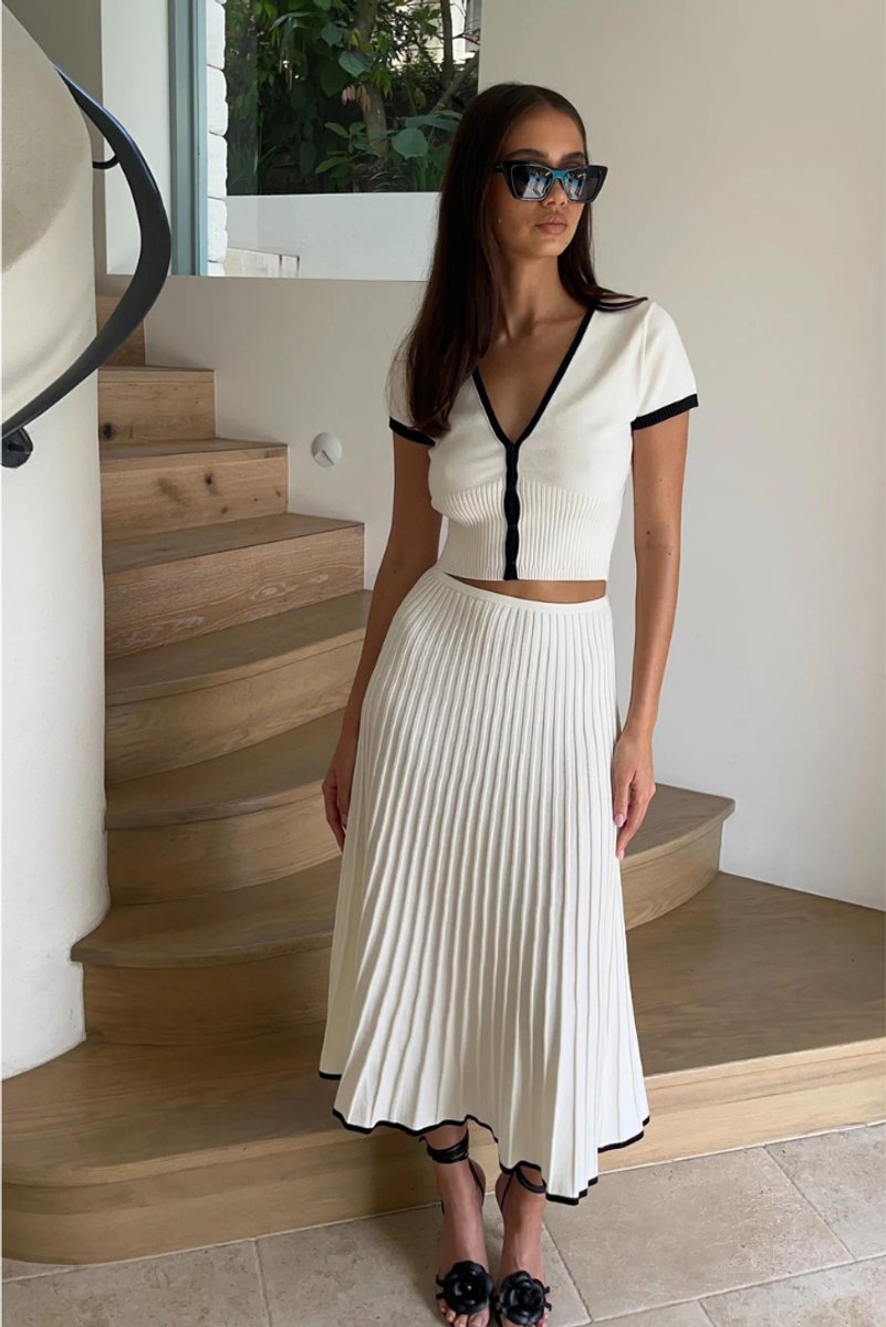 Women's Ribbed Knit Contrast-Trim Fall Wedding Guest Dress Midi Set
