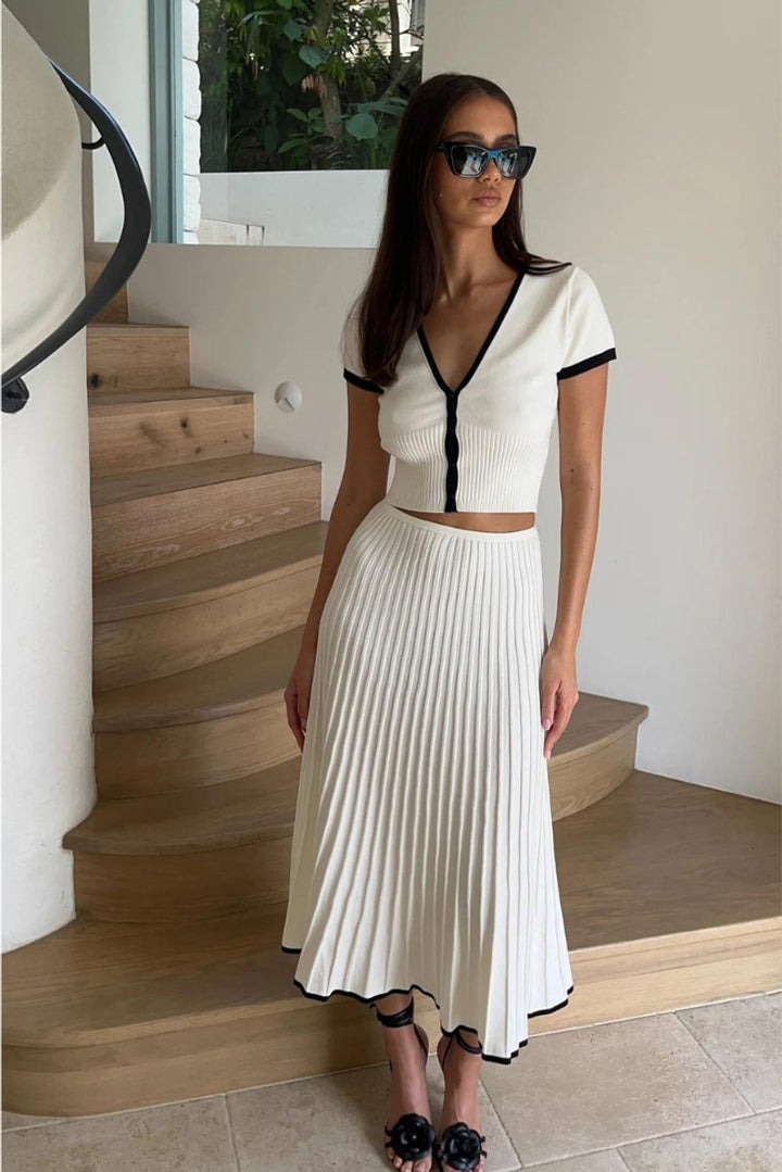 Women's Ribbed Knit Contrast-Trim Fall Wedding Guest Dress Midi Set