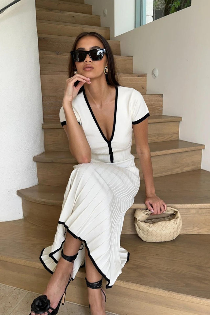 Women's Ribbed Knit Contrast-Trim Fall Wedding Guest Dress Midi Set