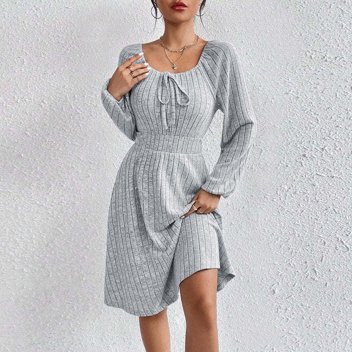 Women's Ribbed Knit Long-Sleeve Drawstring Fall Midi Dress