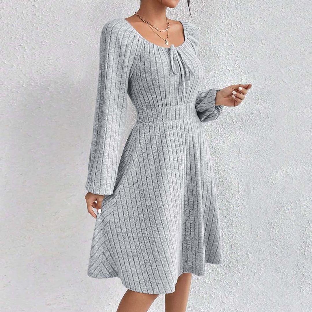 Women's Ribbed Knit Long-Sleeve Drawstring Fall Midi Dress