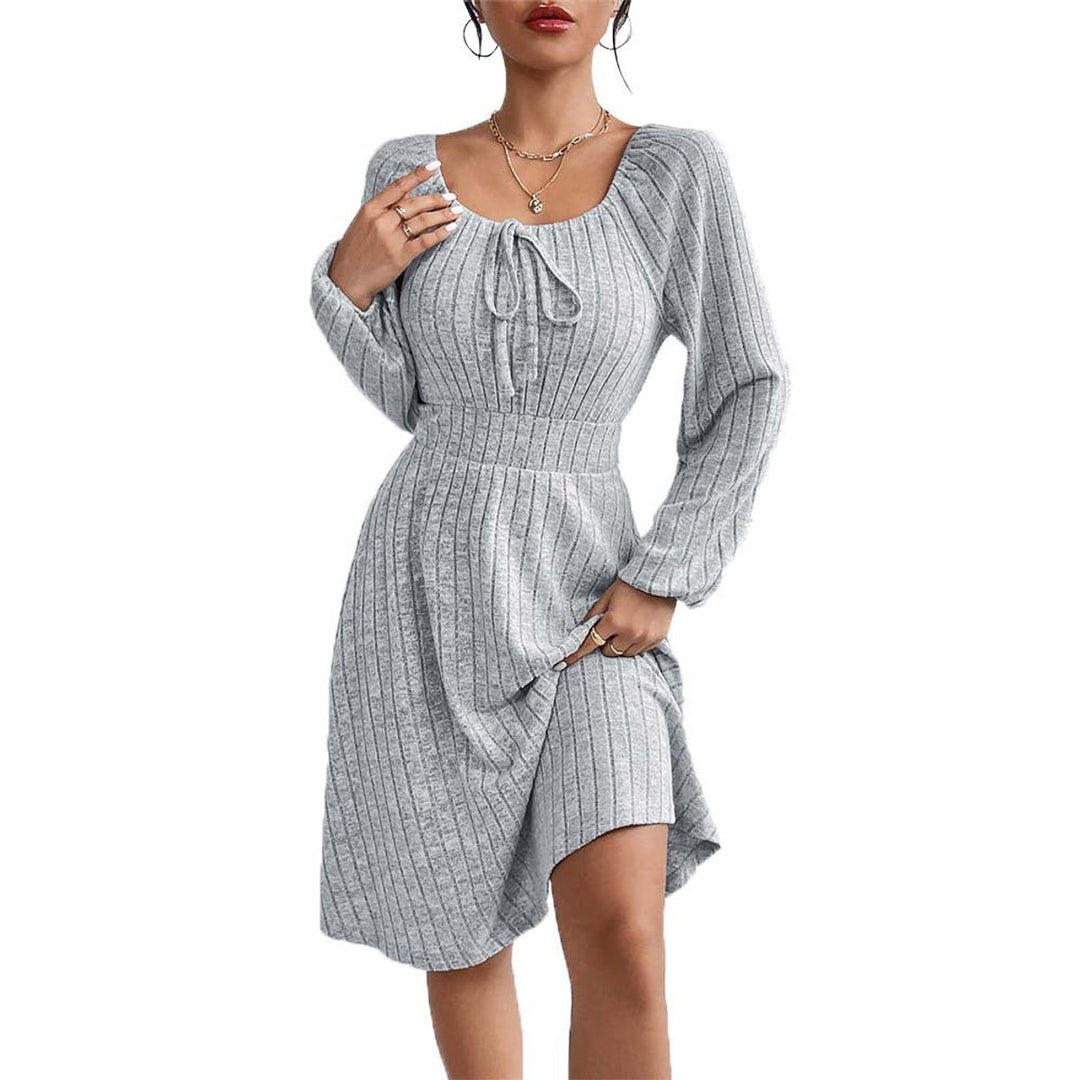 Women's Ribbed Knit Long-Sleeve Drawstring Fall Midi Dress
