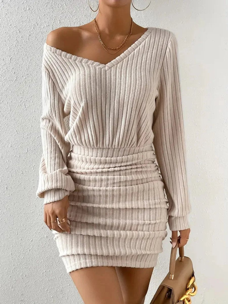 Women's Ribbed Knit Long-Sleeve Ruched Fall Wedding Guest Dress