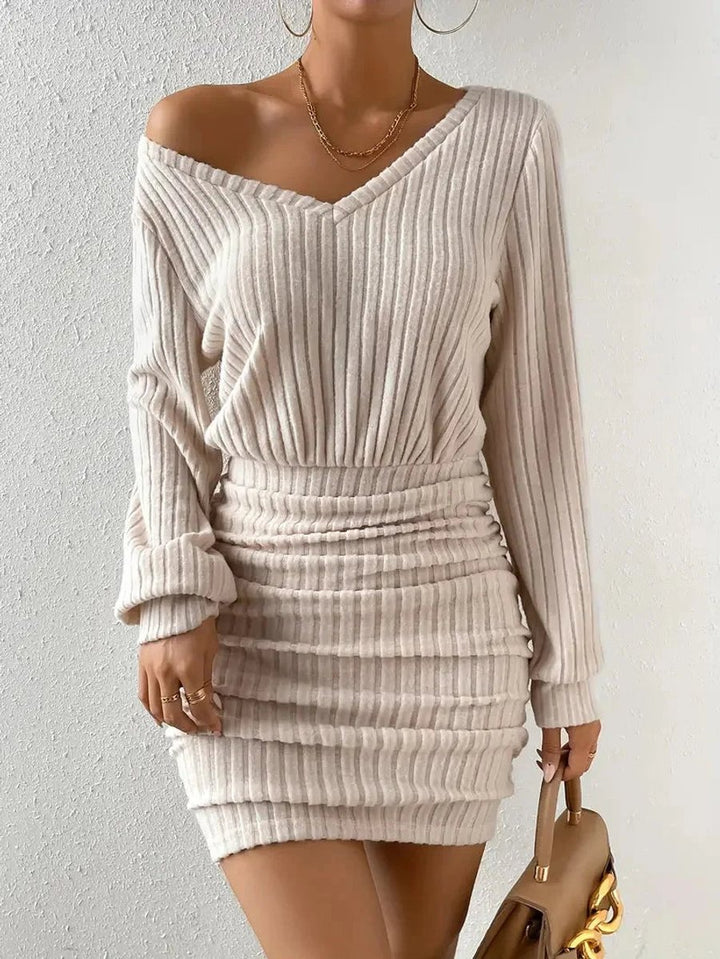 Women's Ribbed Knit Long-Sleeve Ruched Fall Wedding Guest Dress