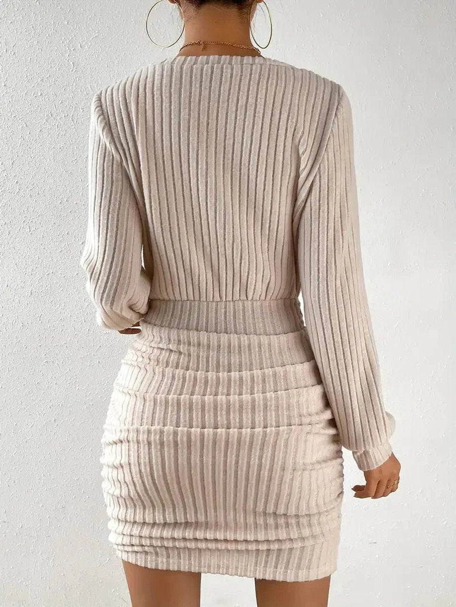 Women's Ribbed Knit Long-Sleeve Ruched Fall Wedding Guest Dress