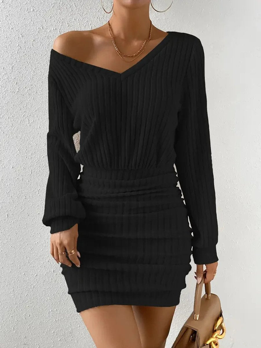 Women's Ribbed Knit Long-Sleeve Ruched Fall Wedding Guest Dress