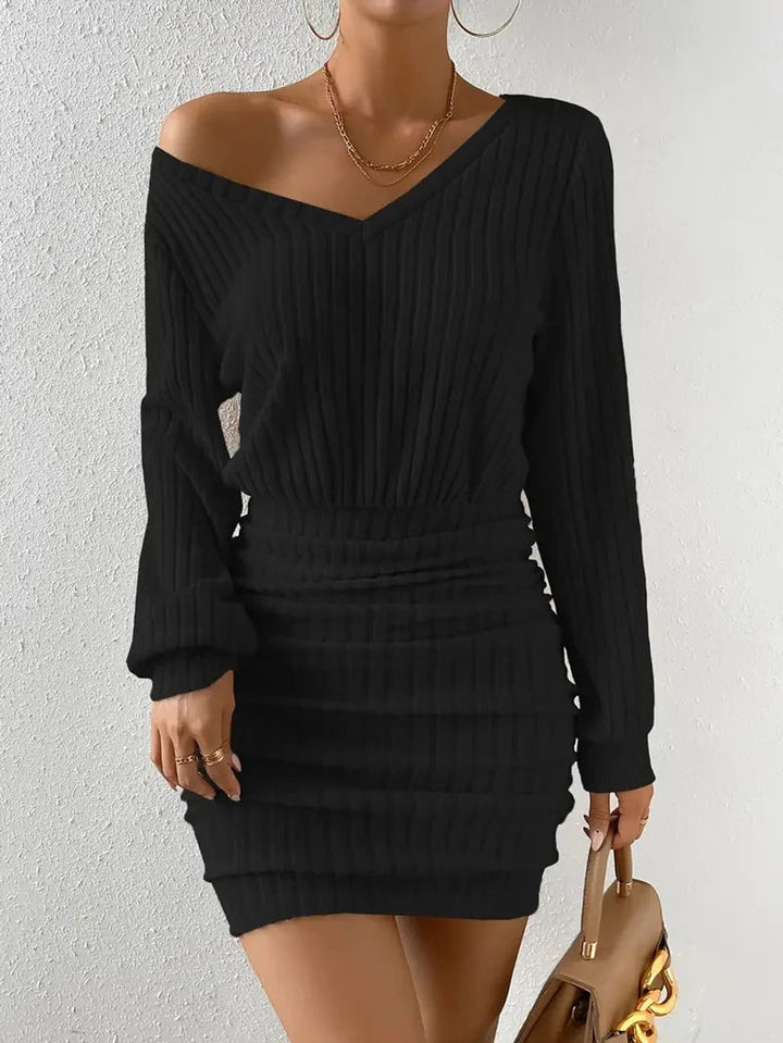 Women's Ribbed Knit Long-Sleeve Ruched Fall Wedding Guest Dress