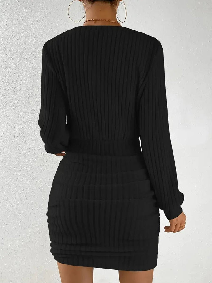 Women's Ribbed Knit Long-Sleeve Ruched Fall Wedding Guest Dress