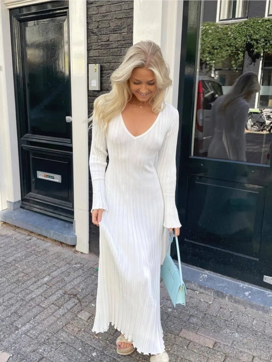 Women's Ribbed Knit Long Sleeve V-Neck Fall Midi Dress