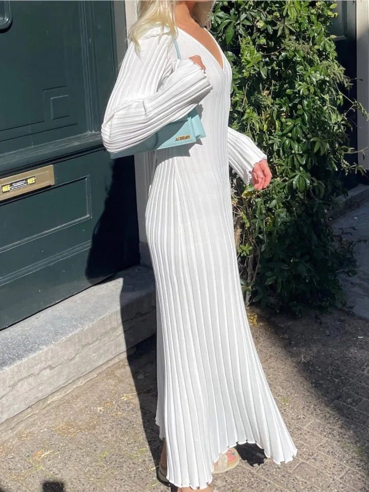 Women's Ribbed Knit Long Sleeve V-Neck Fall Midi Dress