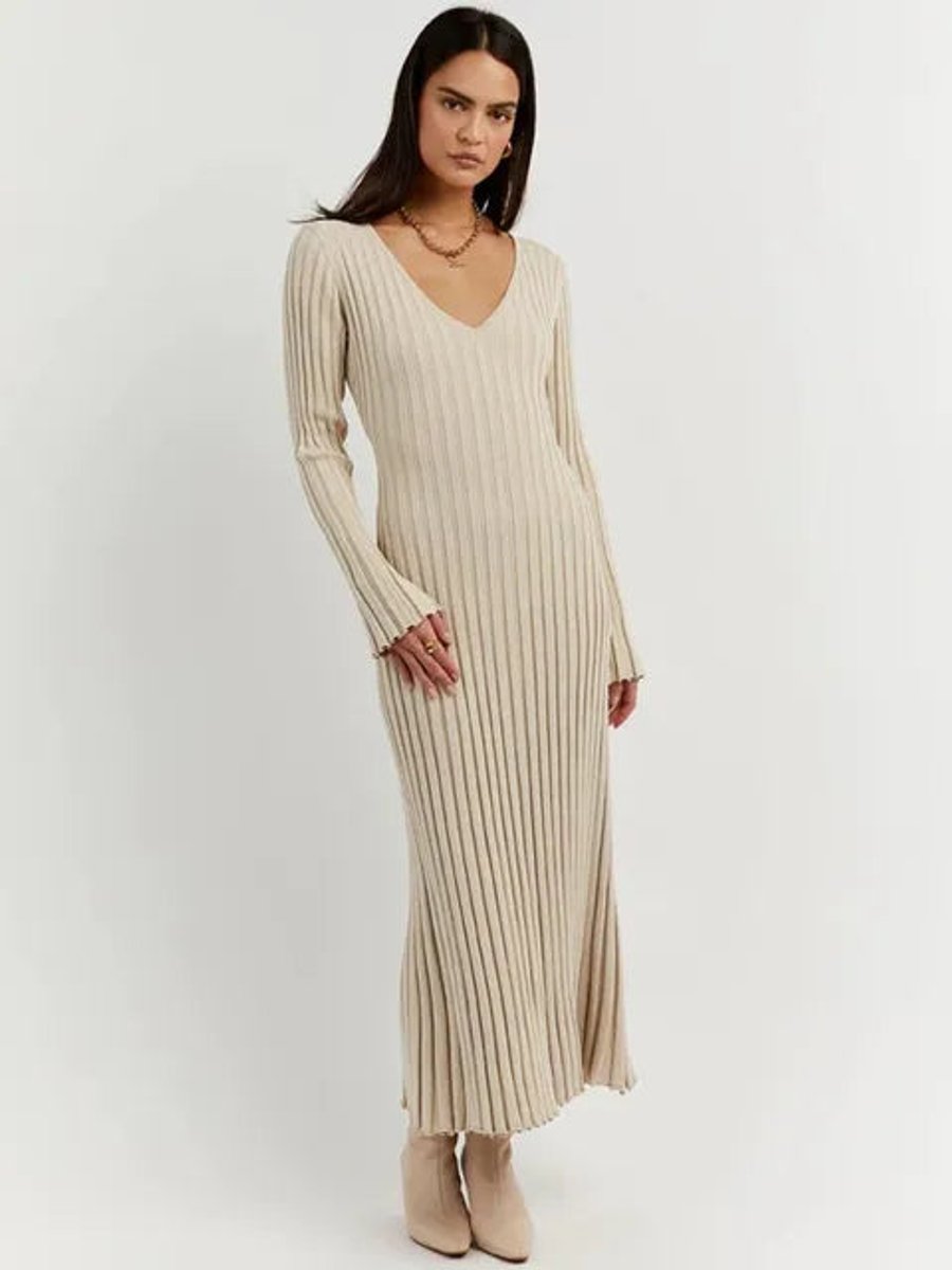 Women's Ribbed Knit Long Sleeve V-Neck Fall Midi Dress