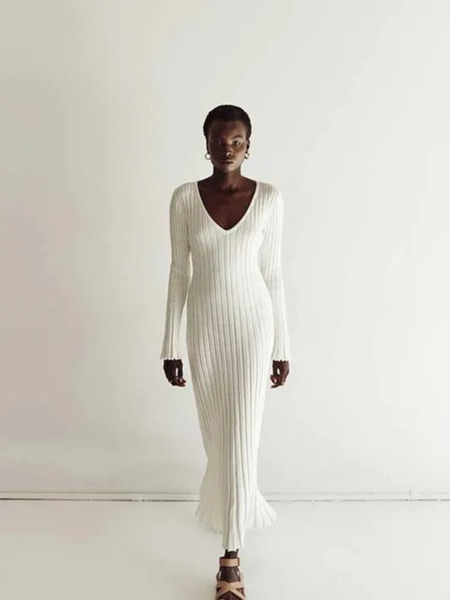 Women's Ribbed Knit Long Sleeve V-Neck Fall Midi Dress