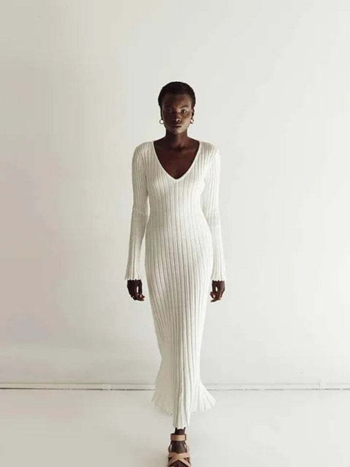 Women's Ribbed Knit Long Sleeve V-Neck Fall Midi Dress