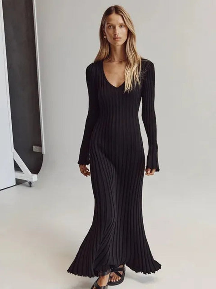 Women's Ribbed Knit Long Sleeve V-Neck Fall Midi Dress
