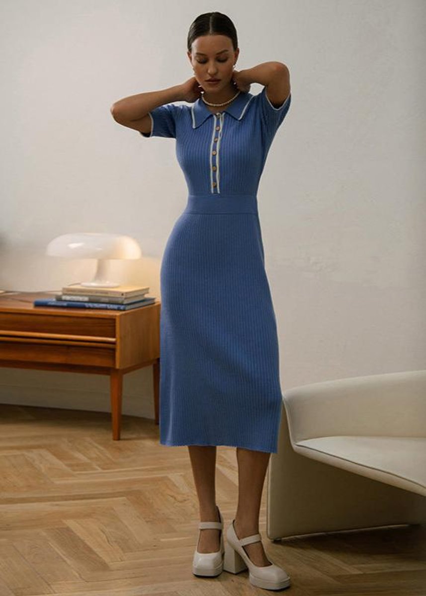 Women's Ribbed Knit Polo-Collar Fall Midi Dress