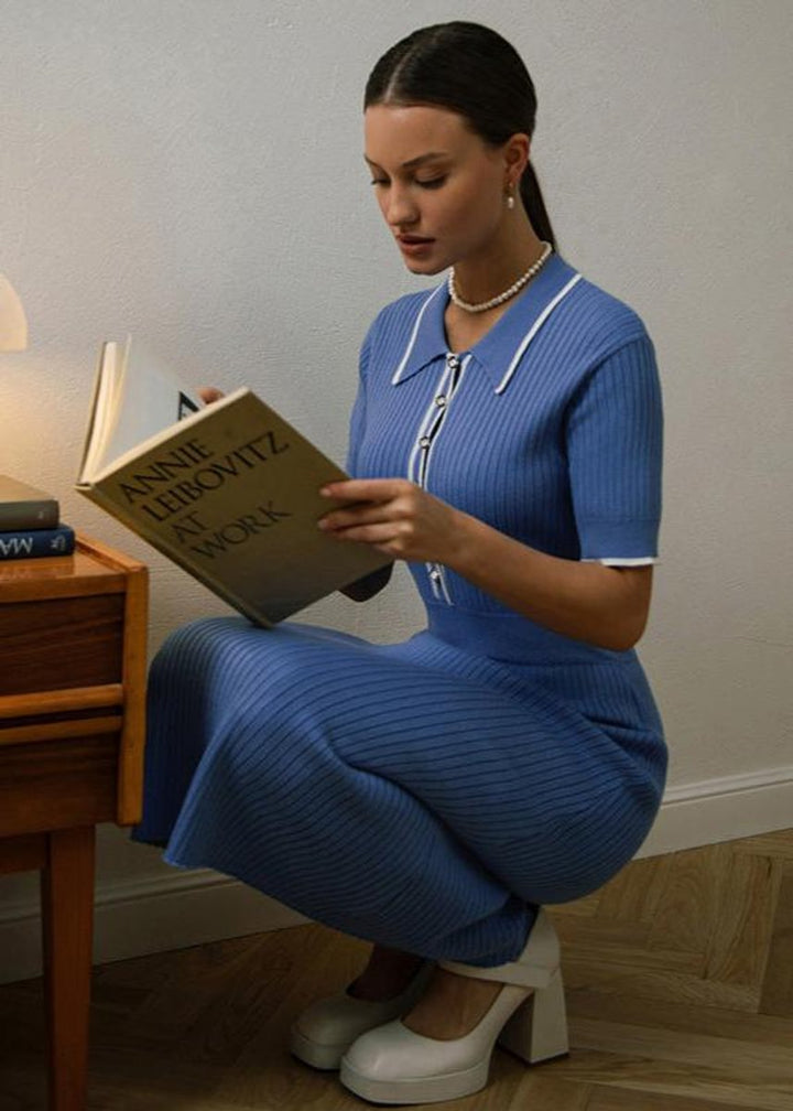 Women's Ribbed Knit Polo-Collar Fall Midi Dress