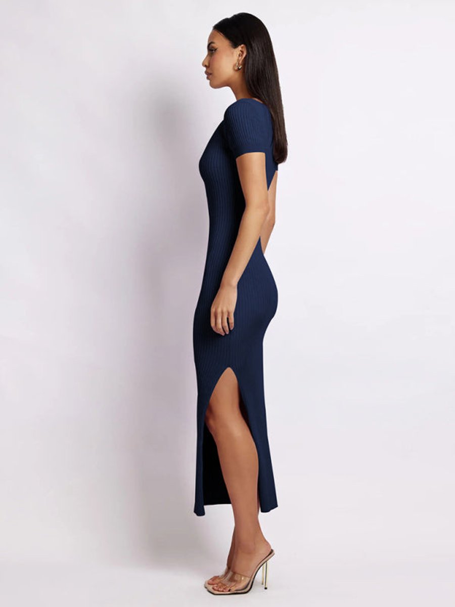 Women's Ribbed Knit V-Neck Short Sleeve Fall Midi Dress