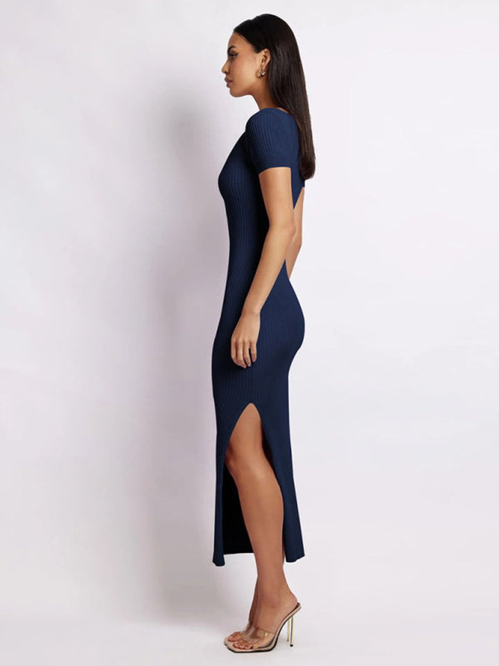 Women's Ribbed Knit V-Neck Short Sleeve Fall Midi Dress
