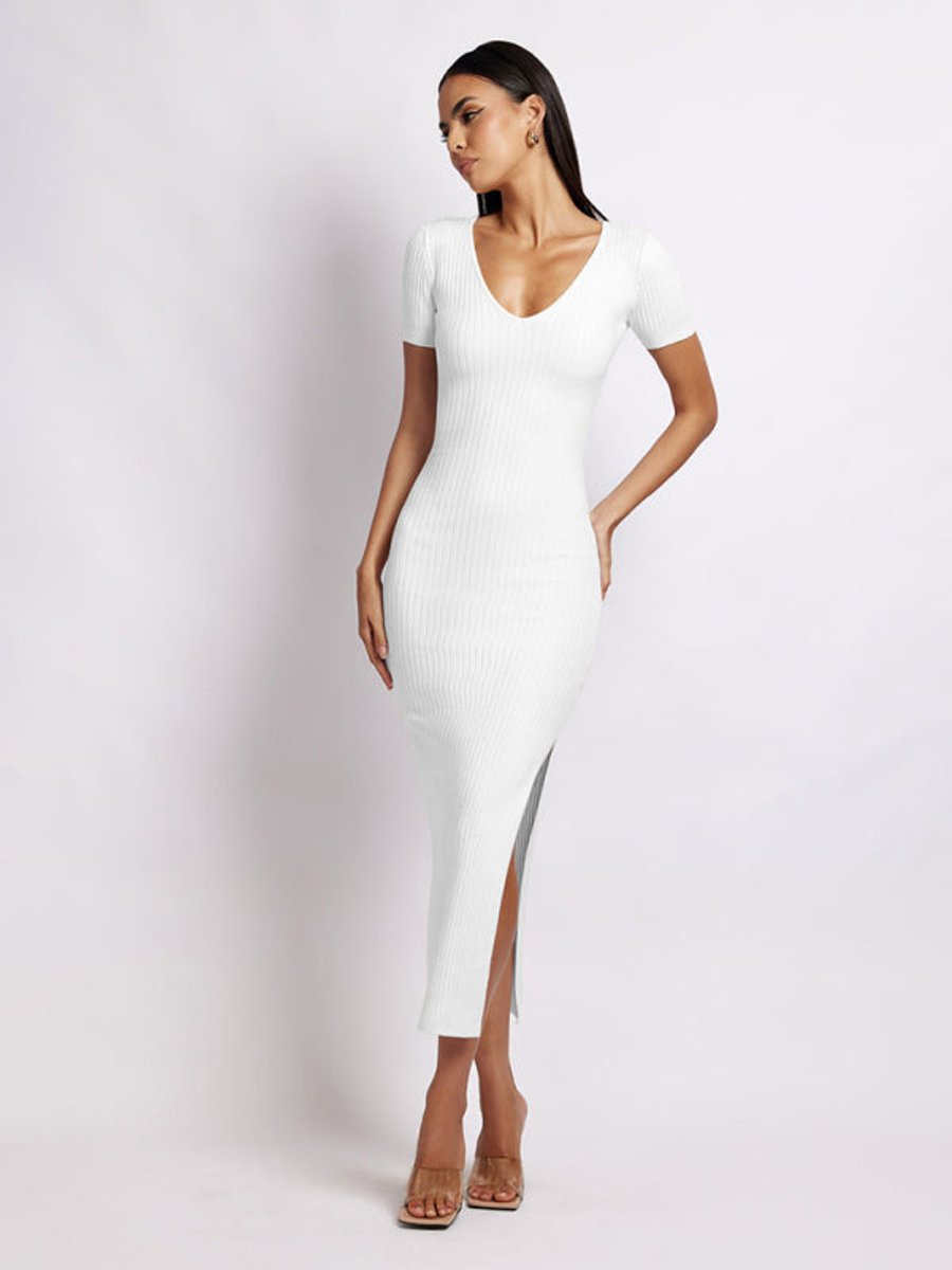 Women's Ribbed Knit V-Neck Short Sleeve Fall Midi Dress