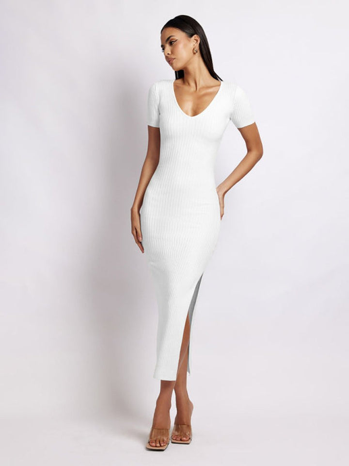 Women's Ribbed Knit V-Neck Short Sleeve Fall Midi Dress